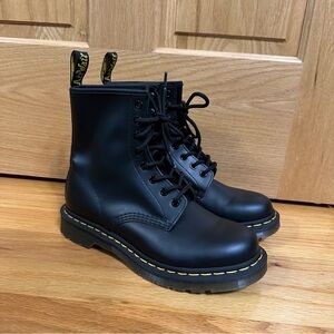 Dr. Martens 1460 Womens Black Lace-Up Boots with yellow welt stitching